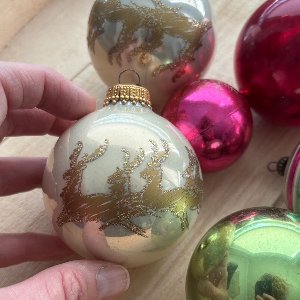 Vintage Holiday Glass Ball Ornament Set - Gold, Pink, Green, Silver Metal Caps - Picture 2 of 12